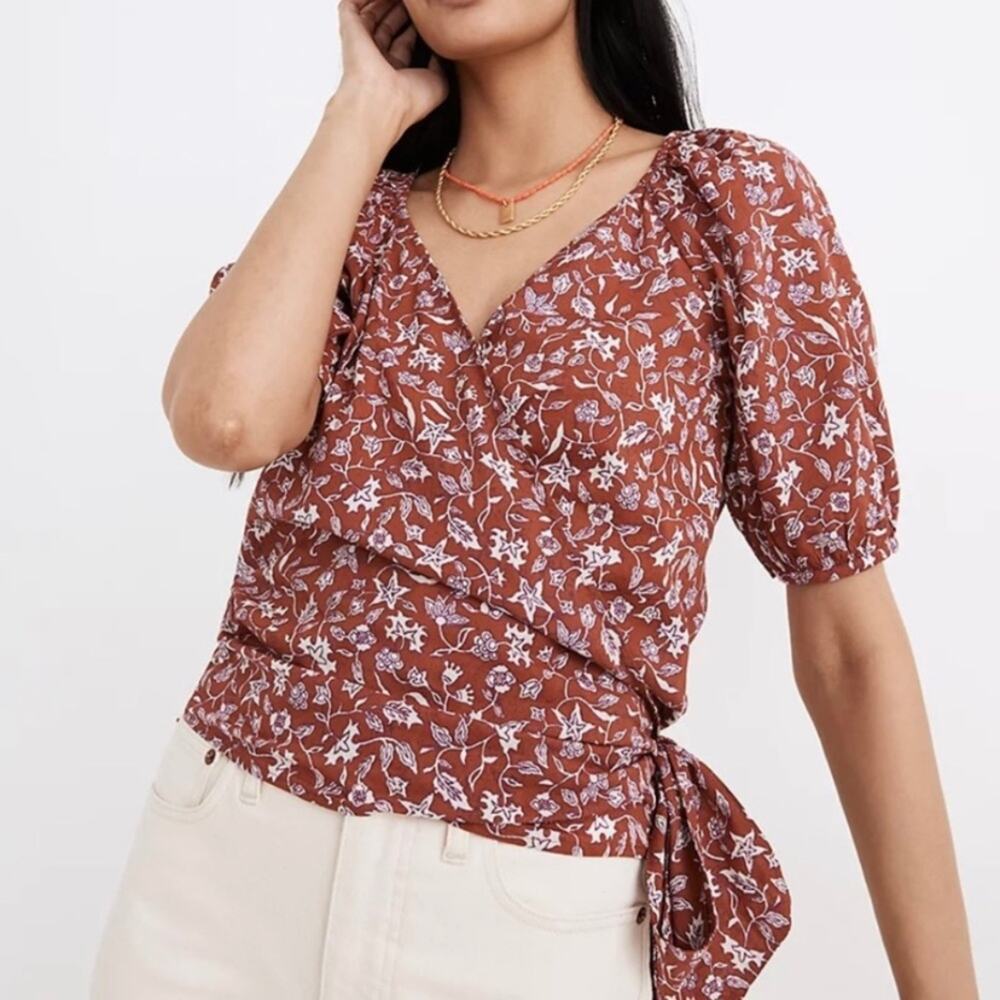 NWT Madewell Blouse Size XS Red Puff Sleeve Wrap Floral